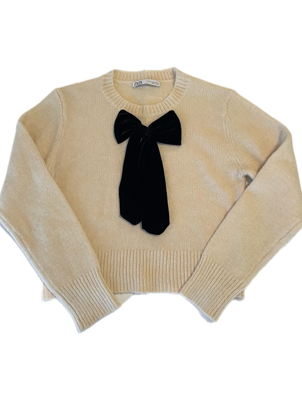 Zara Sweater Medium Cream Black Velvet Bow Coquette French Girl Chic Balletcore